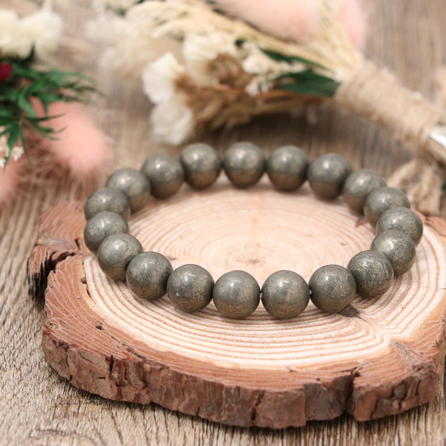 Natural Pyrite Bracelet 10mm , Gold Gemstone Stretch Bracelet
