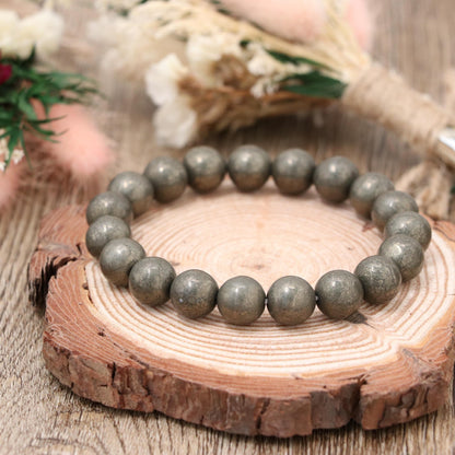 Natural Pyrite Bracelet 10mm , Gold Gemstone Stretch Bracelet