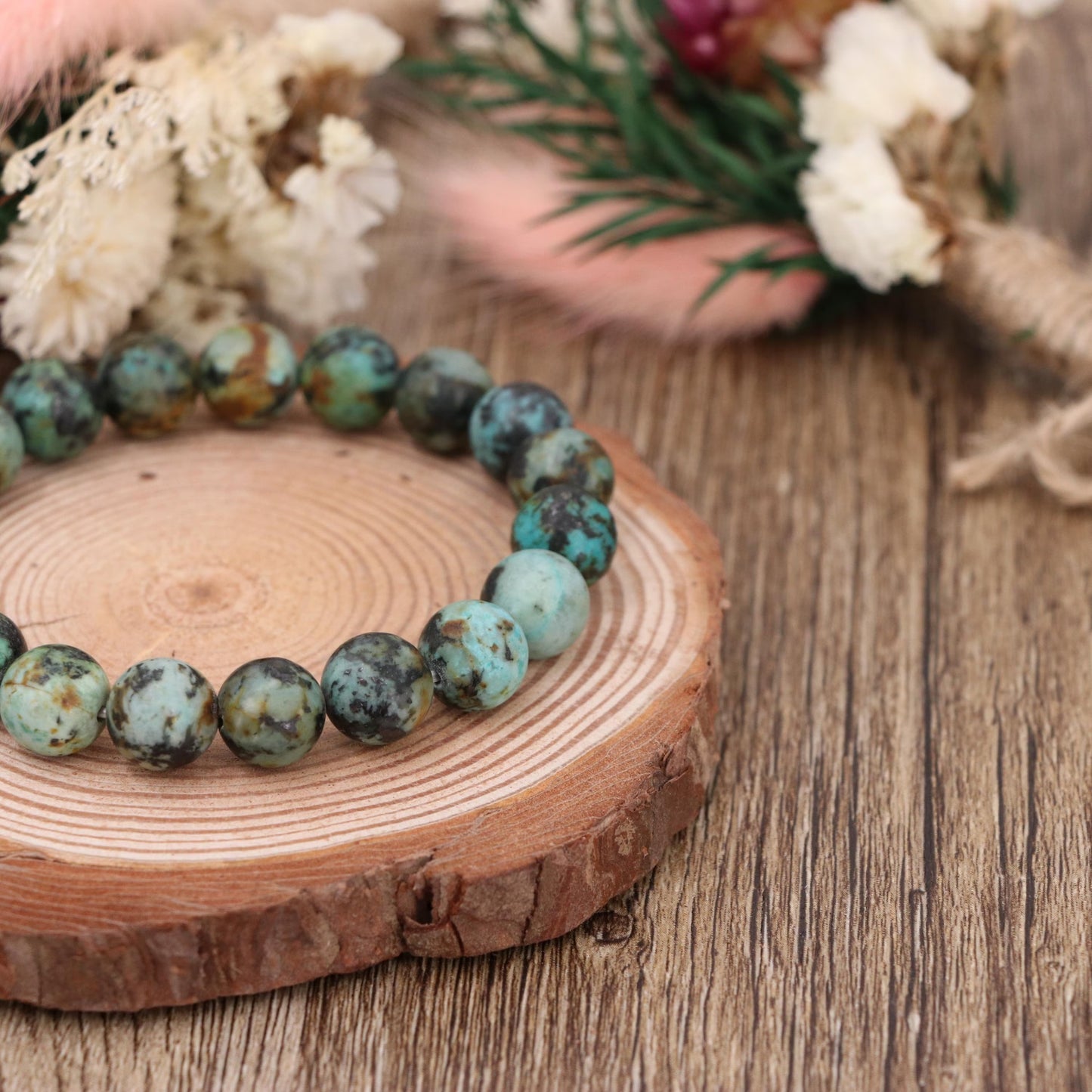 Natural African Turquoise Bracelet 10mm , Blue Green Jasper Stretch Bracelet