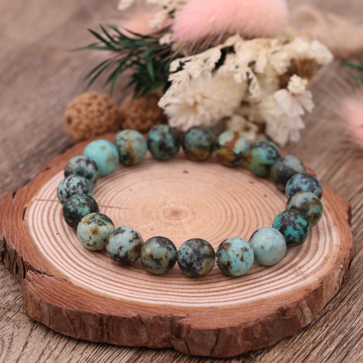 Natural African Turquoise Bracelet 10mm , Blue Green Jasper Stretch Bracelet