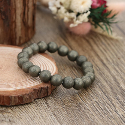 Natural Pyrite Bracelet 10mm , Gold Gemstone Stretch Bracelet