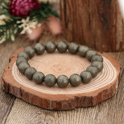 Natural Pyrite Bracelet 10mm , Gold Gemstone Stretch Bracelet