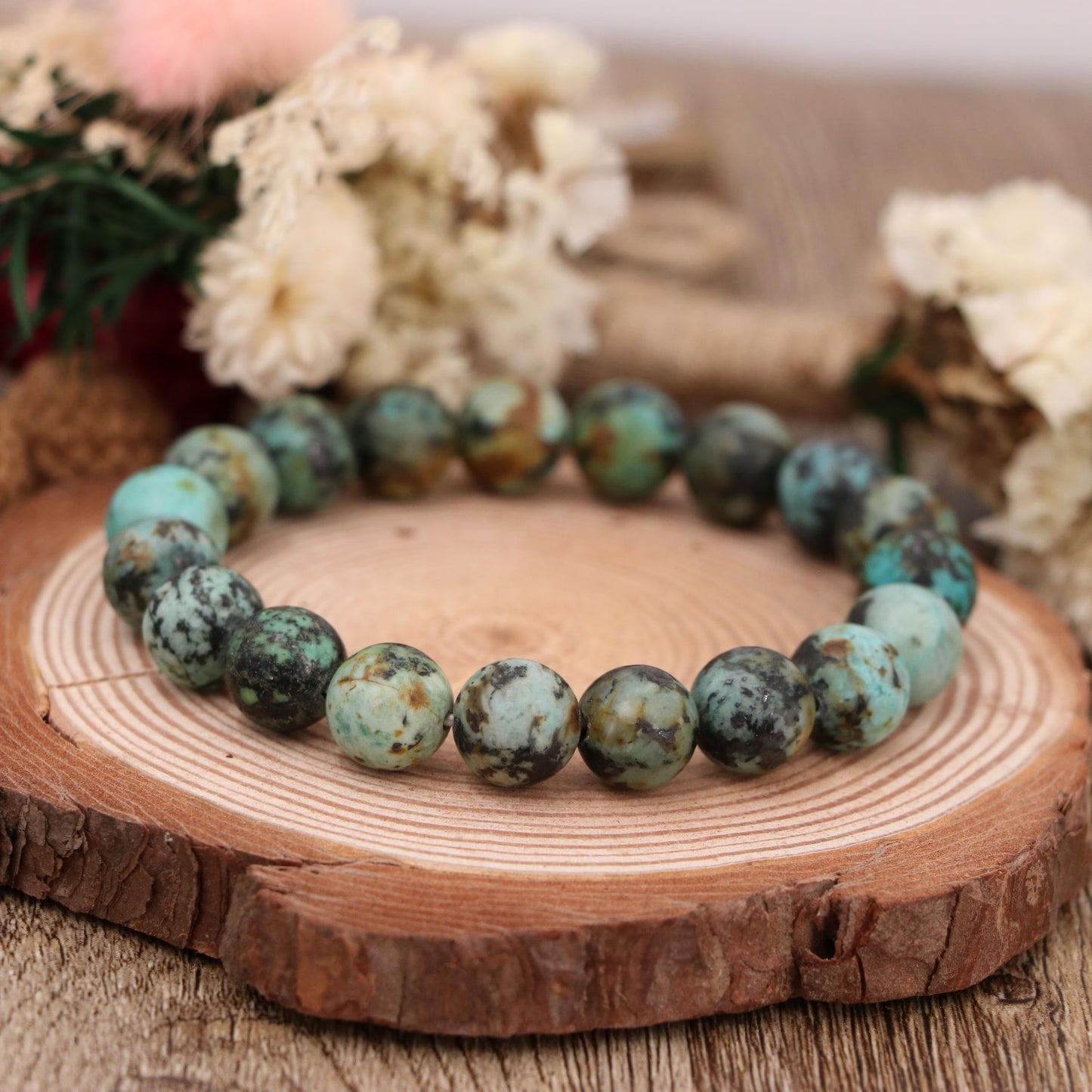 Natural African Turquoise Bracelet 10mm , Blue Green Jasper Stretch Bracelet