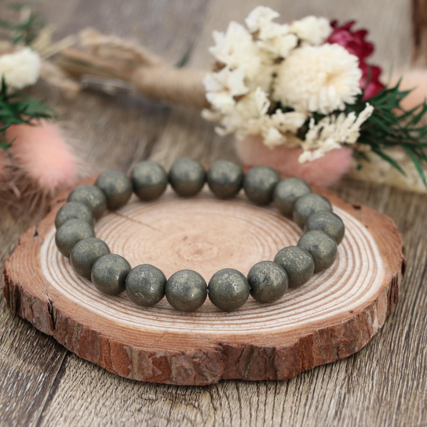 Natural Pyrite Bracelet 10mm , Gold Gemstone Stretch Bracelet