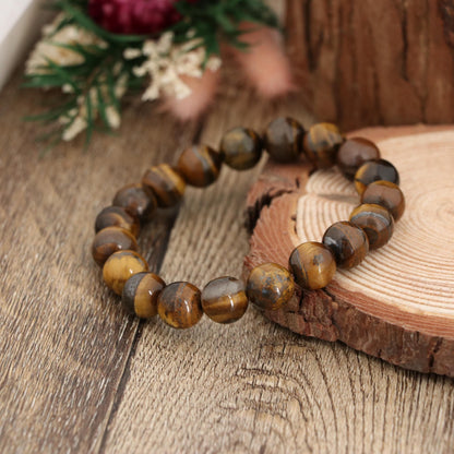 Natural Tiger Eye Bracelet 10mm | Gold Brown Gemstone Stretch Bracelet