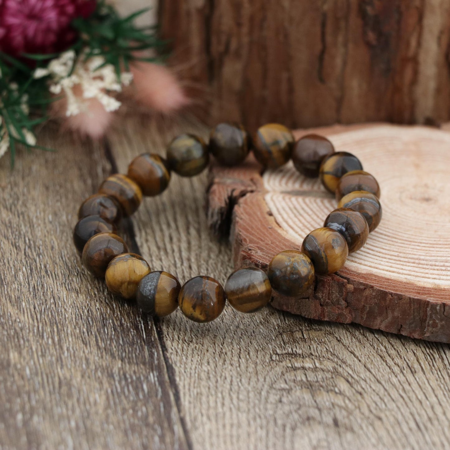 Natural Tiger Eye Bracelet 10mm | Gold Brown Gemstone Stretch Bracelet