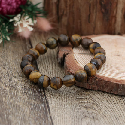 Natural Tiger Eye Bracelet 10mm | Gold Brown Gemstone Stretch Bracelet