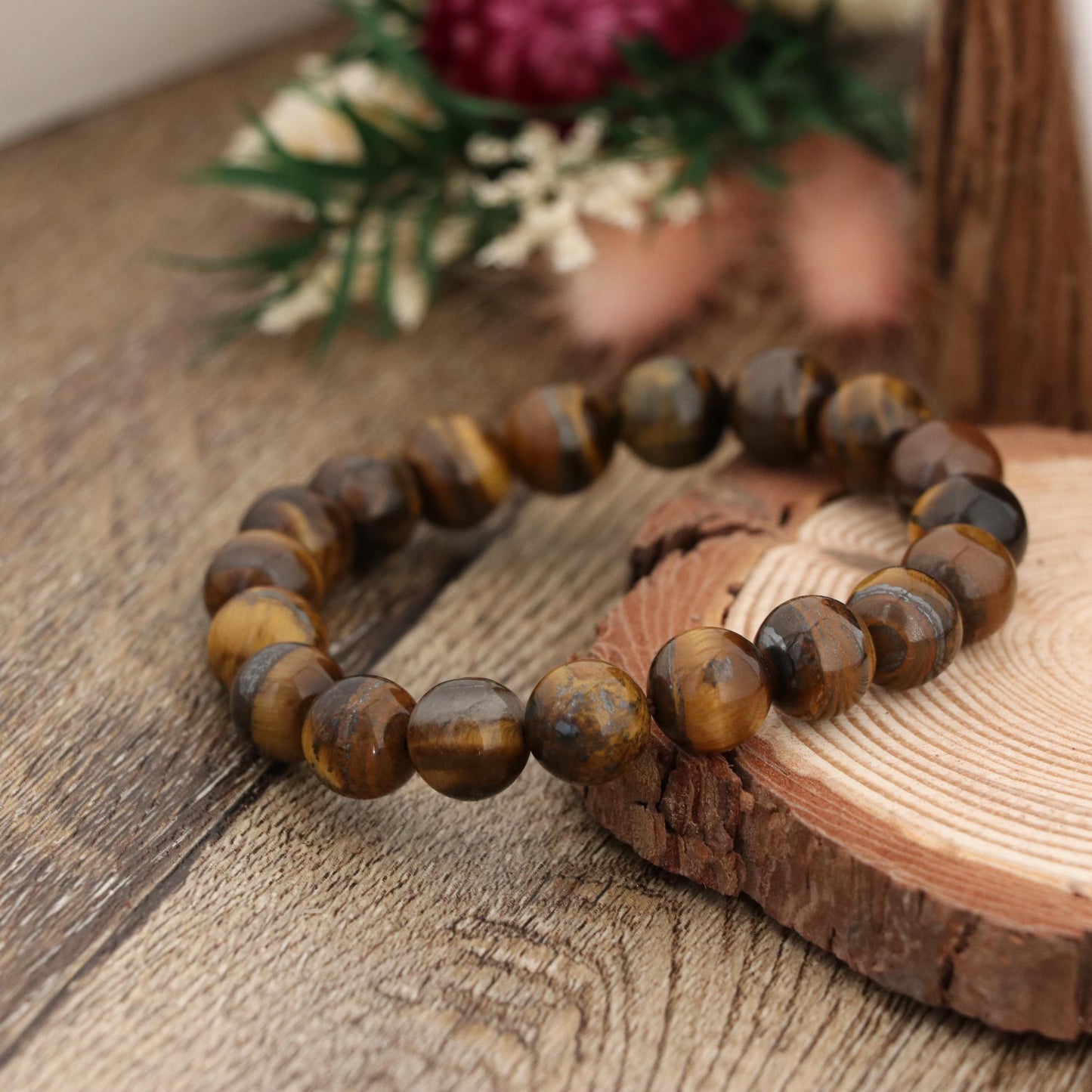 Natural Tiger Eye Bracelet 10mm | Gold Brown Gemstone Stretch Bracelet