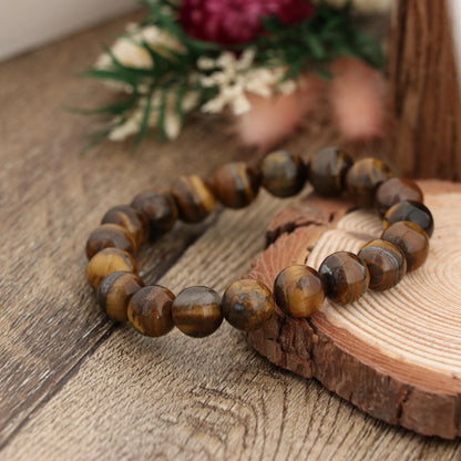 Natural Tiger Eye Bracelet 10mm | Gold Brown Gemstone Stretch Bracelet